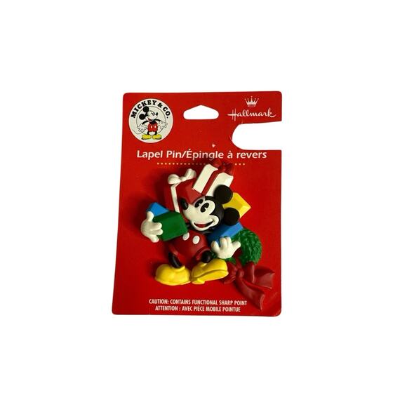 Vintage Disney Christmas Mickey Mouse withPresents Brooch Pinback Lapel Hallmark - Picture 1 of 5